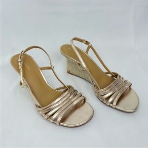 Reformation Gold Strappy Ava Wedge Sandals